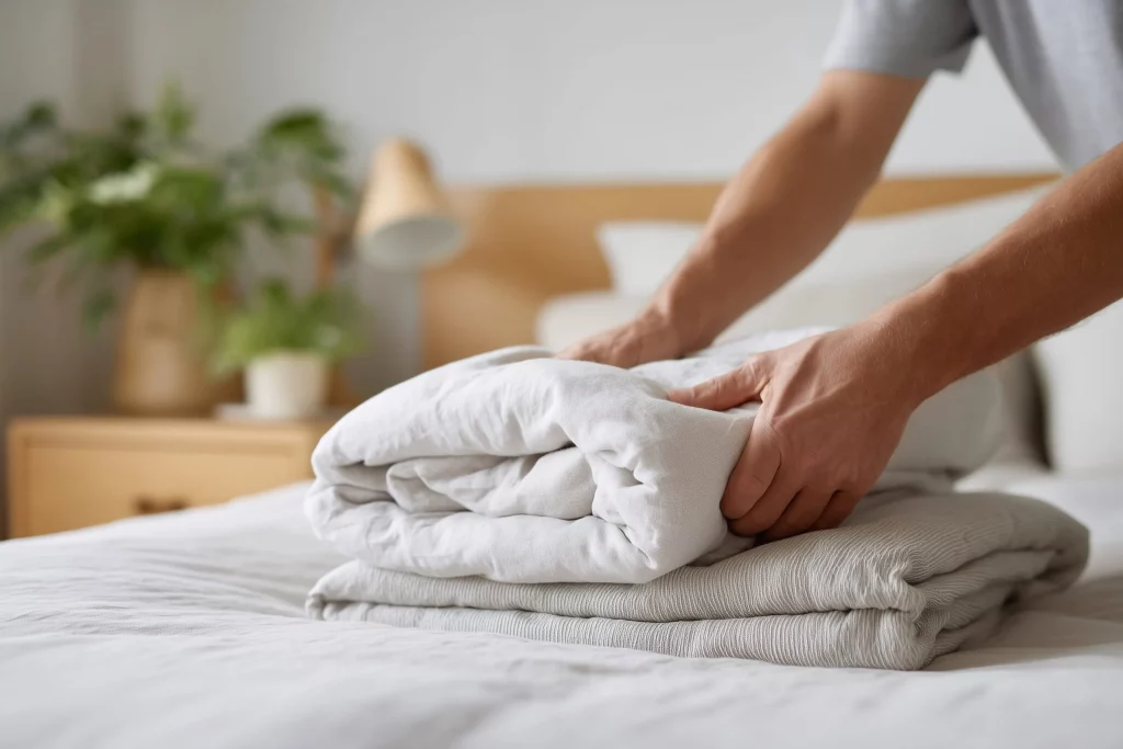 Personne préparant du linge de lit propre dans une chambre de location courte durée avant l’arrivée des voyageurs